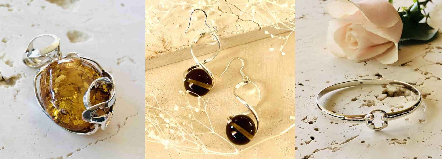 Beautifully Gifted Jewellery - amber silver pendant, earrings and silver bracelet