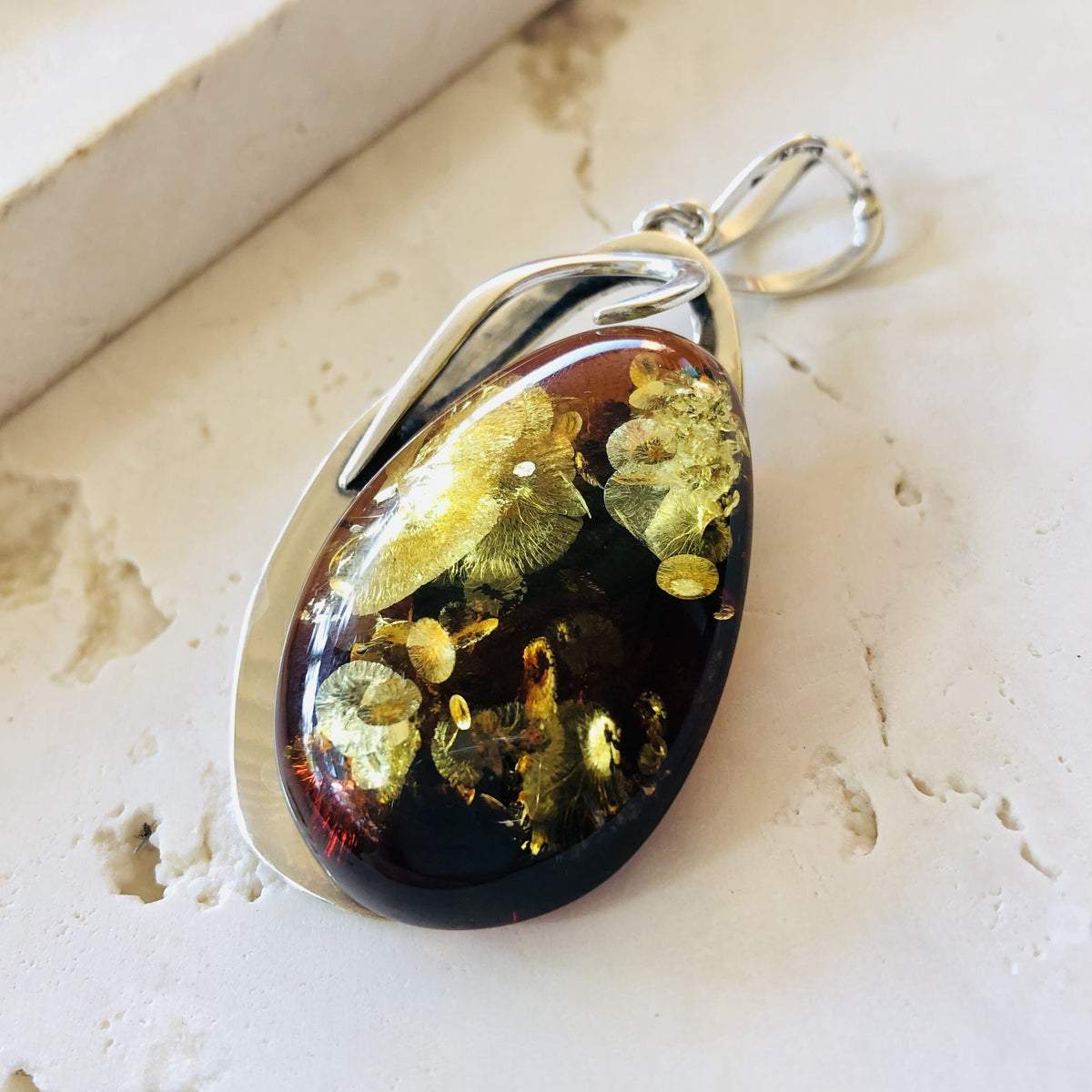 Beautifully Gifted Amber Pendant CHERRY TONES AMBER and silver pendant