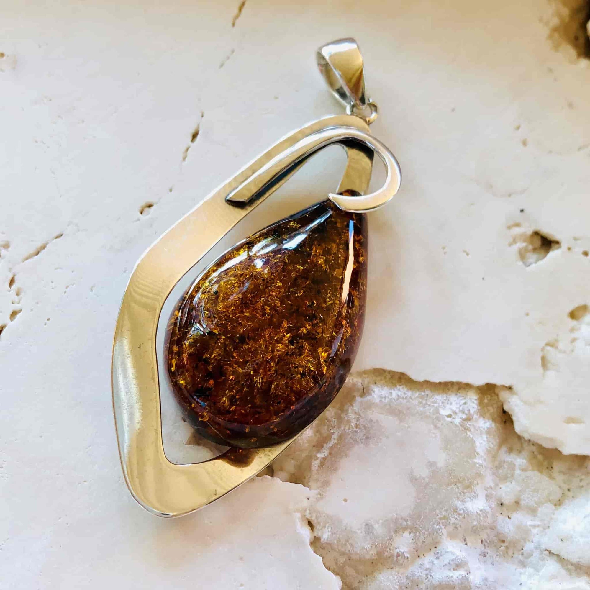 Beautifully Gifted Amber Pendant CLASSIC COGNAC AMBER and silver pendant